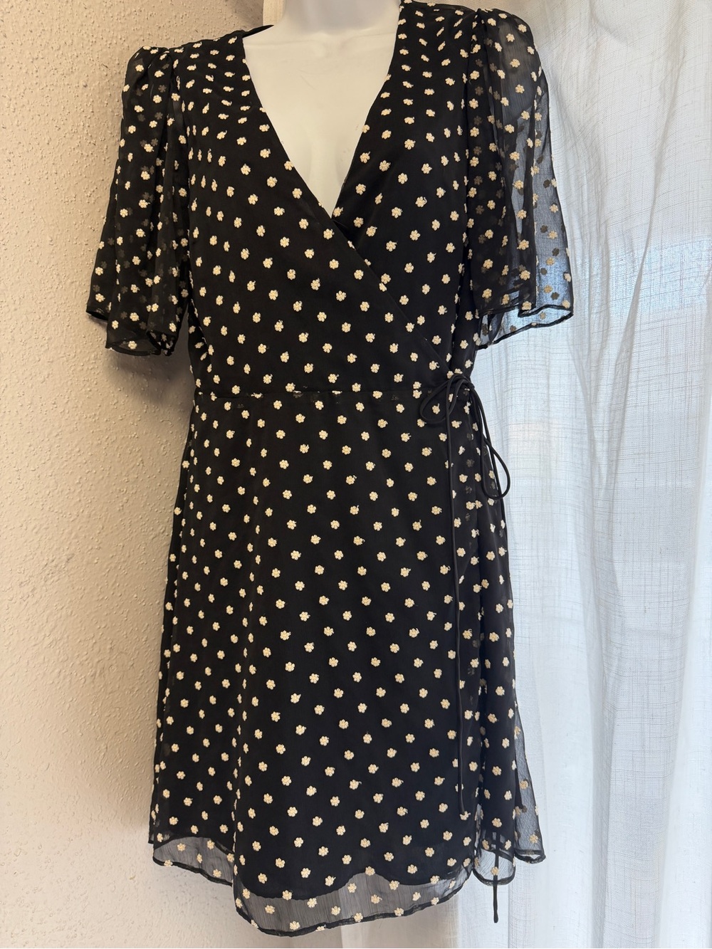 Alice + Olivia Black Wrap Mini Dress with Cream Floral Print